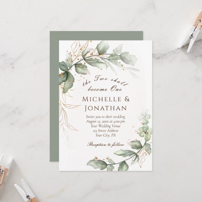 Two Become One Greenery Floral Christian Wedding Invitation (Front/Back In Situ)