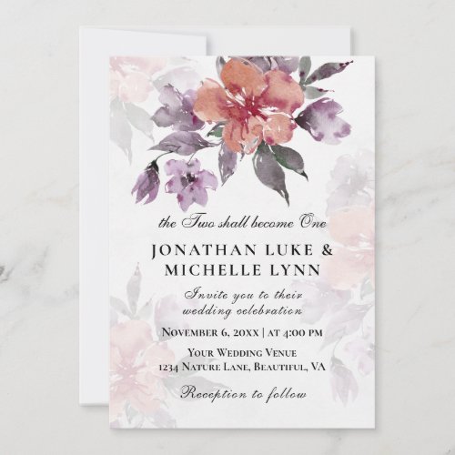 Two Become One Lavender Peach Floral Wedding Invitation