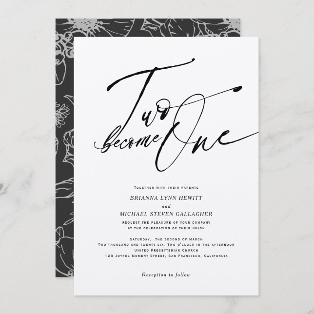 Two become One Modern Calligraphy black and white  Invitation (Front/Back)
