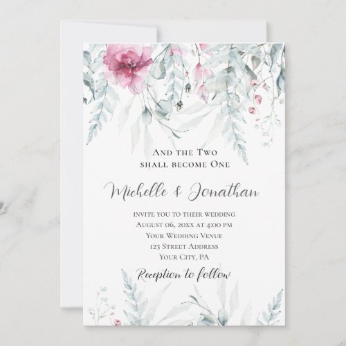 Two Become One Pink Floral Bible Christian Wedding Invitation