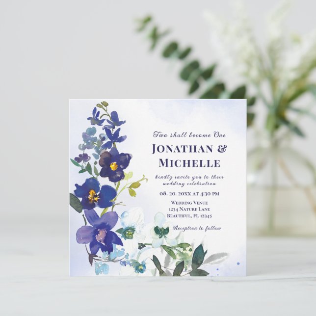 Two Become One Purple Floral Christian Wedding Invitation (Standing Front)