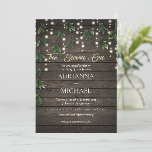 Two Become One Rustic Wood Wedding Invitation (Standing Front)