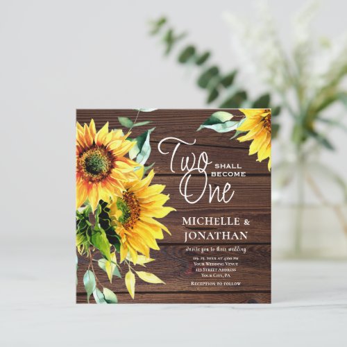 Two Become One Sunflowers Wood Christian Wedding Invitation