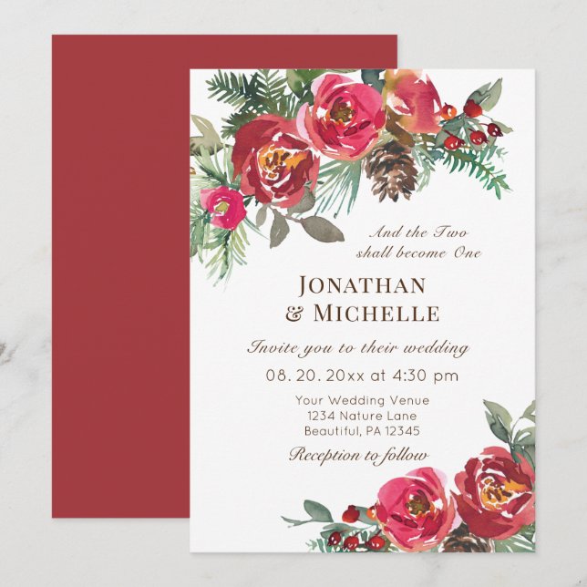 Two Become One Winter Red Roses Christian Wedding Invitation (Front/Back)