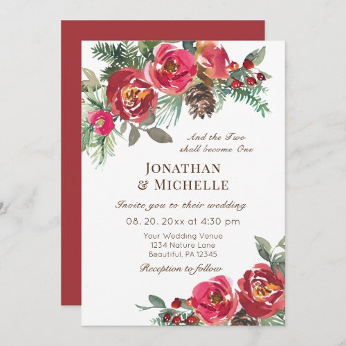 Two Become One Winter Red Roses Christian Wedding Invitation