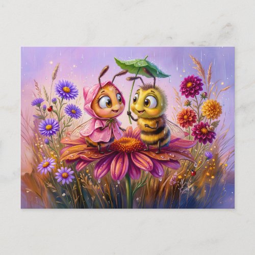 Two bees meeting on flower during cheerful rain postcard