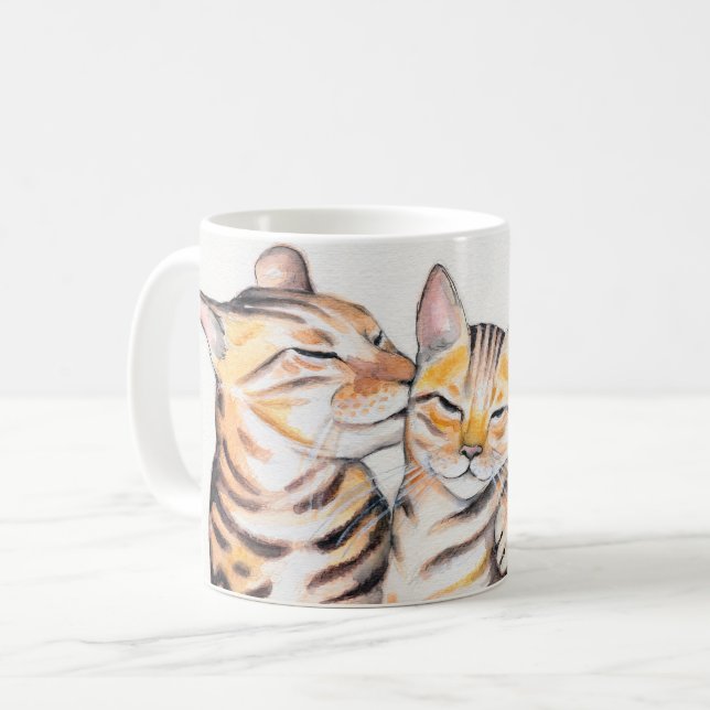 Two Bengal Cats Watercolor Art Coffee Mug (Front Left)