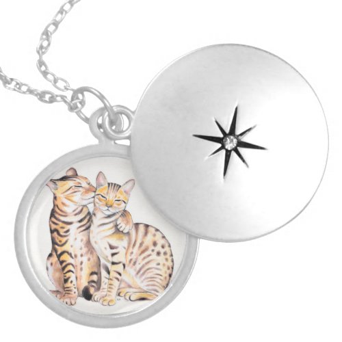 Two Bengal Cats Watercolor Art Locket Necklace