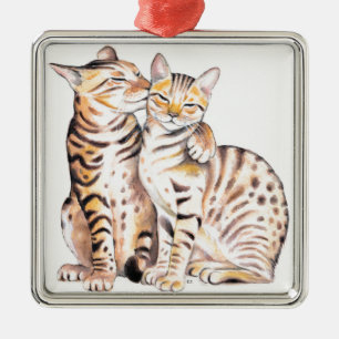 Two Bengal Cats Watercolor Art Metal Ornament