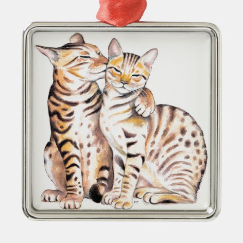 Two Bengal Cats Watercolor Art Metal Ornament