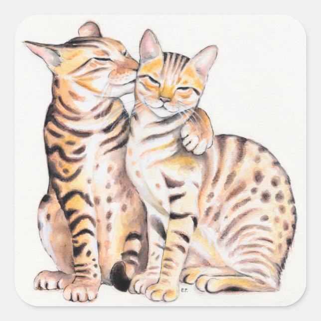 Two Bengal Cats Watercolor Art Square Sticker (Front)