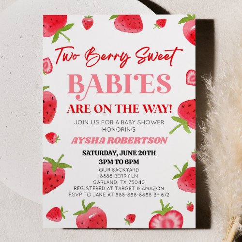 Two Berry Sweet Babies Strawberry Twin Baby Shower Invitation
