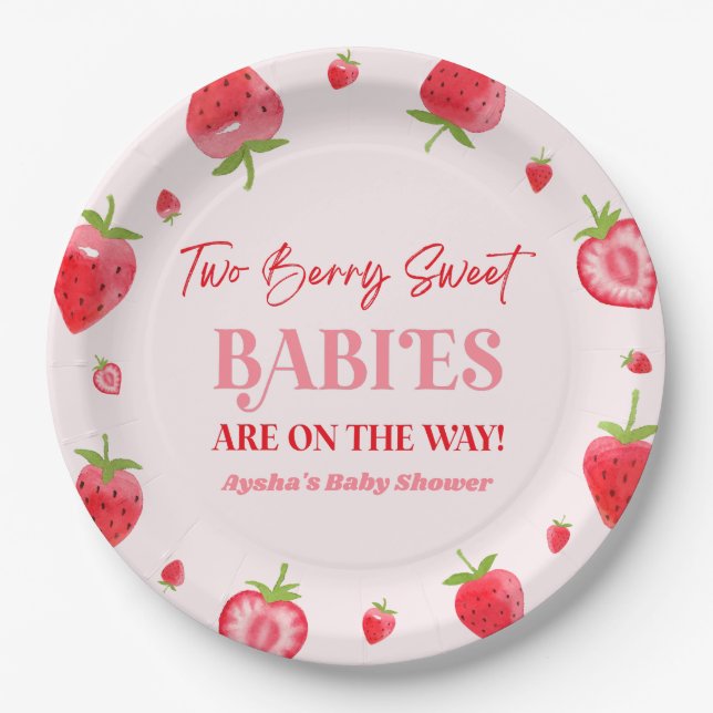 Two Berry Sweet Babies Strawberry Twin Baby Shower Paper Plates (Front)