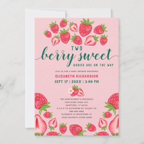 Two Berry Sweet Babies Twin Strawberry Baby Shower Invitation