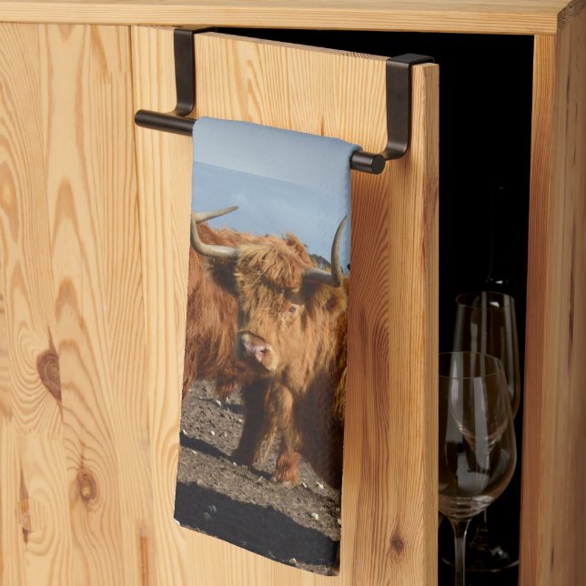 Two Big Brown Highland Cows, Dish Towel (Thirds Fold)