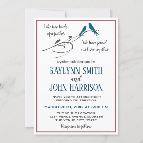 Two Birds Dark Dusty Rose  Deep Cyan Blue Wedding Invitation