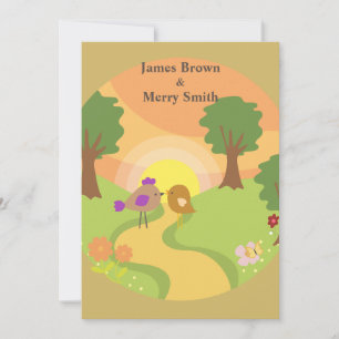 Two Birds in Love Journey Sunset Flowers Wedding Invitation
