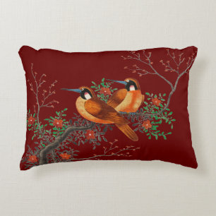Two birds on a branch burgundy accent pillow