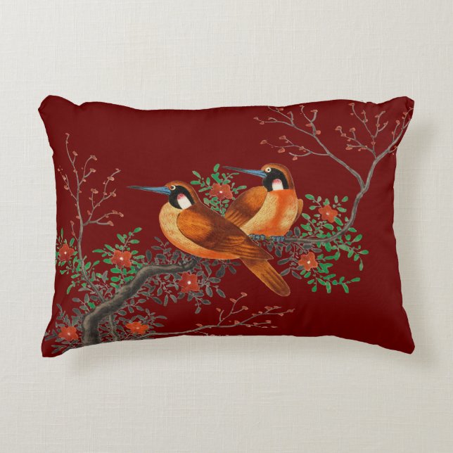 Two birds on a branch burgundy accent pillow (Front)