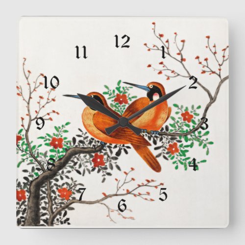 Two Birds on a Flowering Branch Square Wall Clock