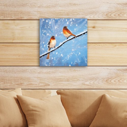 Two Birds On Branch On A Snowy Winter Day Canvas Print