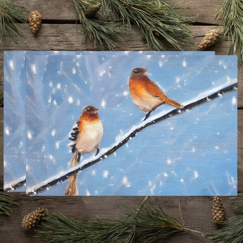 Two Birds On Branch On A Snowy Winter Day Tissue Paper