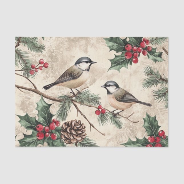 Two Birds on Branches with Holly Berries Tissue Paper (Front)
