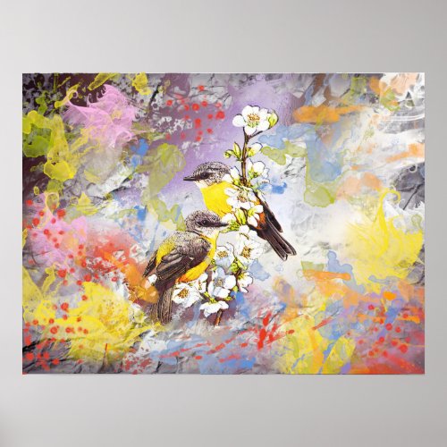 Two birds on cherry blossom branch poster