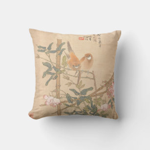 Two Birds on Rose Bamboo Trellis Oriental Art Throw Pillow