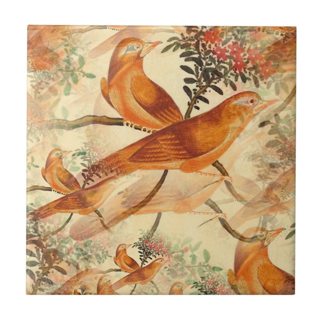 Two Birds  Orange Brown Green Ceramic Tile (Front)