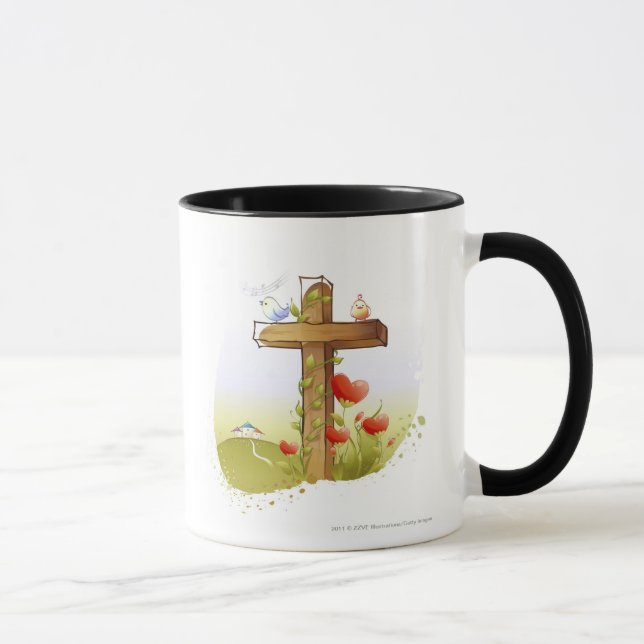 Two birds perching on a cross mug (Right)