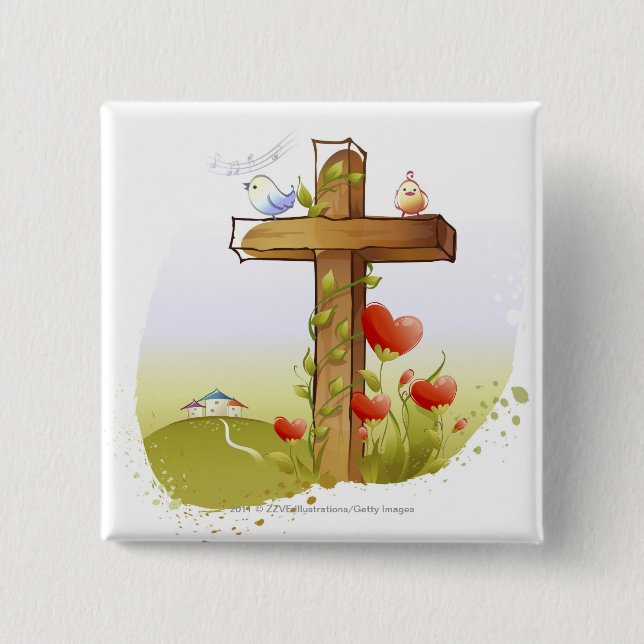 Two birds perching on a cross pinback button (Front)