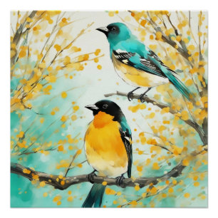 Two Birds Sitting on Tree Branch Poster