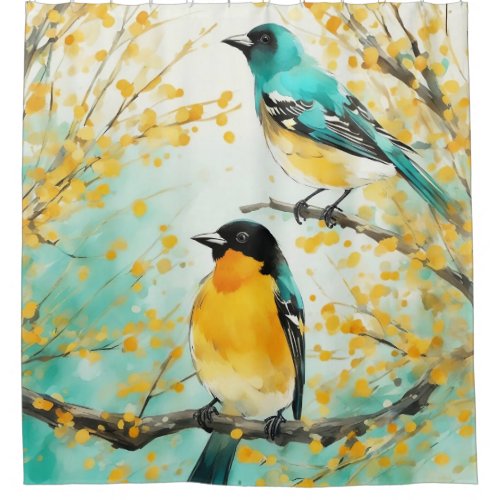 Two Birds Sitting on Tree Branch Shower Curtain