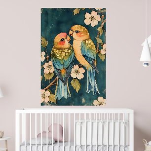 Two birds, which appear to be lovebirds, perched poster