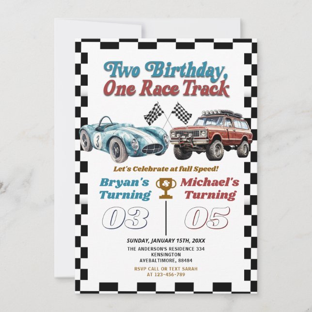 Two Birthday One Race Track Double Cars Birthday Invitation (Front)