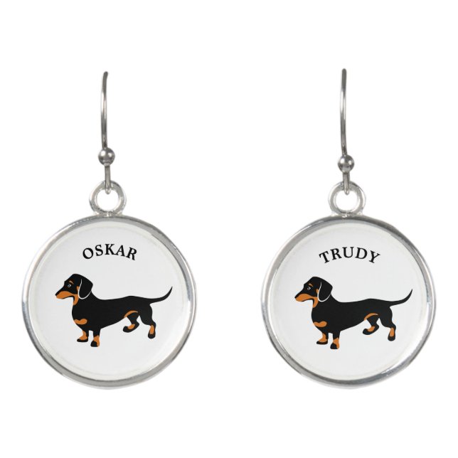 Two Black and Tan Dachshunds with Their Names Earrings (Front)