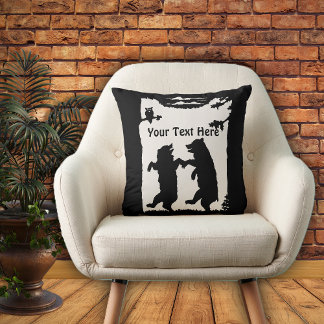 Two Black Bears Dancing Under Trees Owl on White Throw Pillow