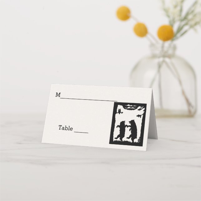 Two Black Bears Dancing Under trees Owl White Place Card (Front)