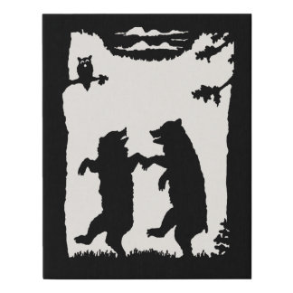 Two Black Bears Silhouette Dancing Under Trees Owl Faux Canvas Print