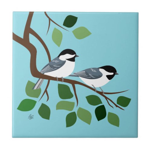 Two Black Capped Chickadees In Tree Ceramic Tile