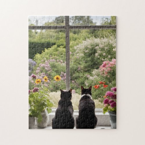 Two Black Cats Flowers Garden Puzzle