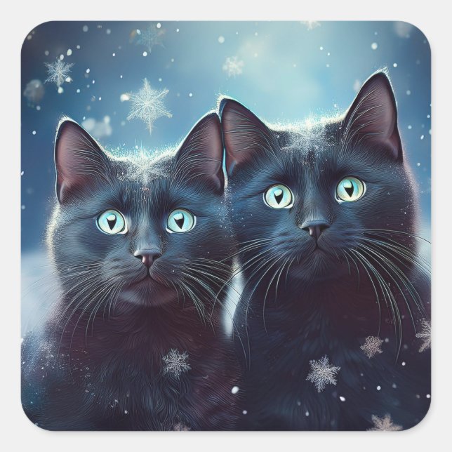 Two Black Cats Getting Snowed On Square Sticker (Front)