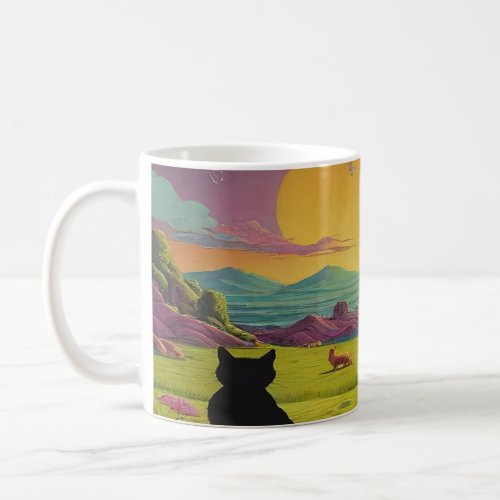 Two black cats in contrast to the sunrise coffee mug
