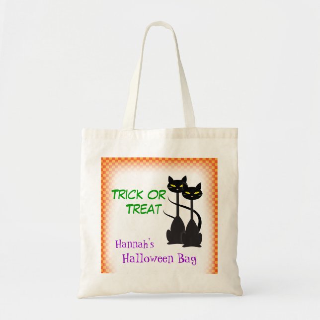 Two Black Cats Personalized Trick or Treat Tote Bag (Front)