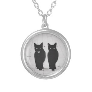 Two Black Cats Silver Plated Pendant Necklace