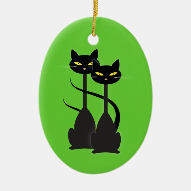 Two Black Cats with Long Necks on Green Ceramic Ornament (Front)