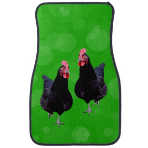 Two Black Chickens On Green, Car Floor Mat