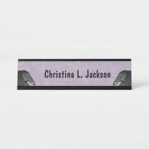 Two Black Crow Heads on Mix of Purple and White Desk Name Plate