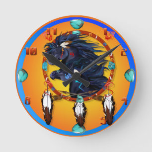 Two Black Horses Mandala Round Clock
